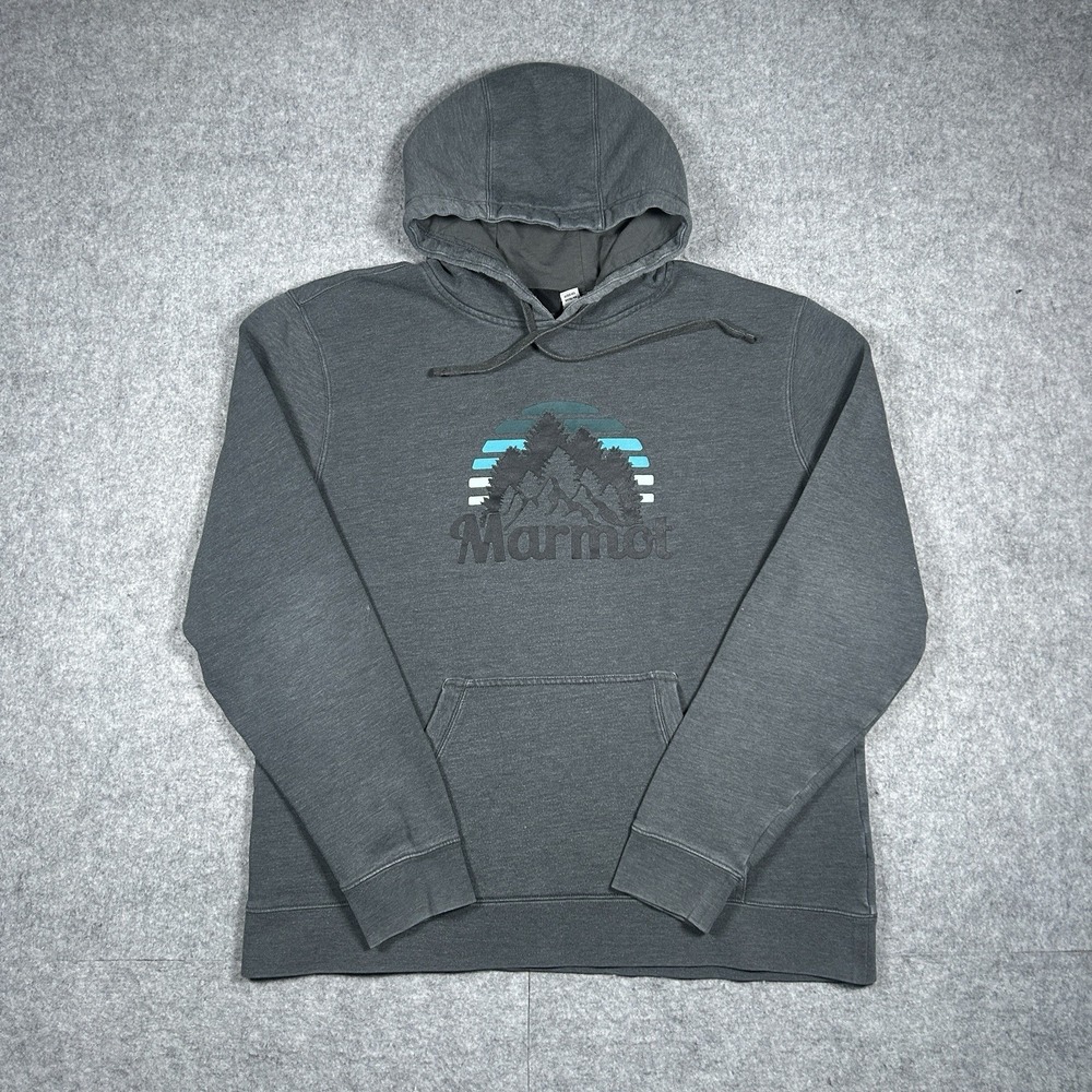 Marmot Pullover Hoodie Men's Size XL Grey Retro Marmot Mountain Graphic Hiking